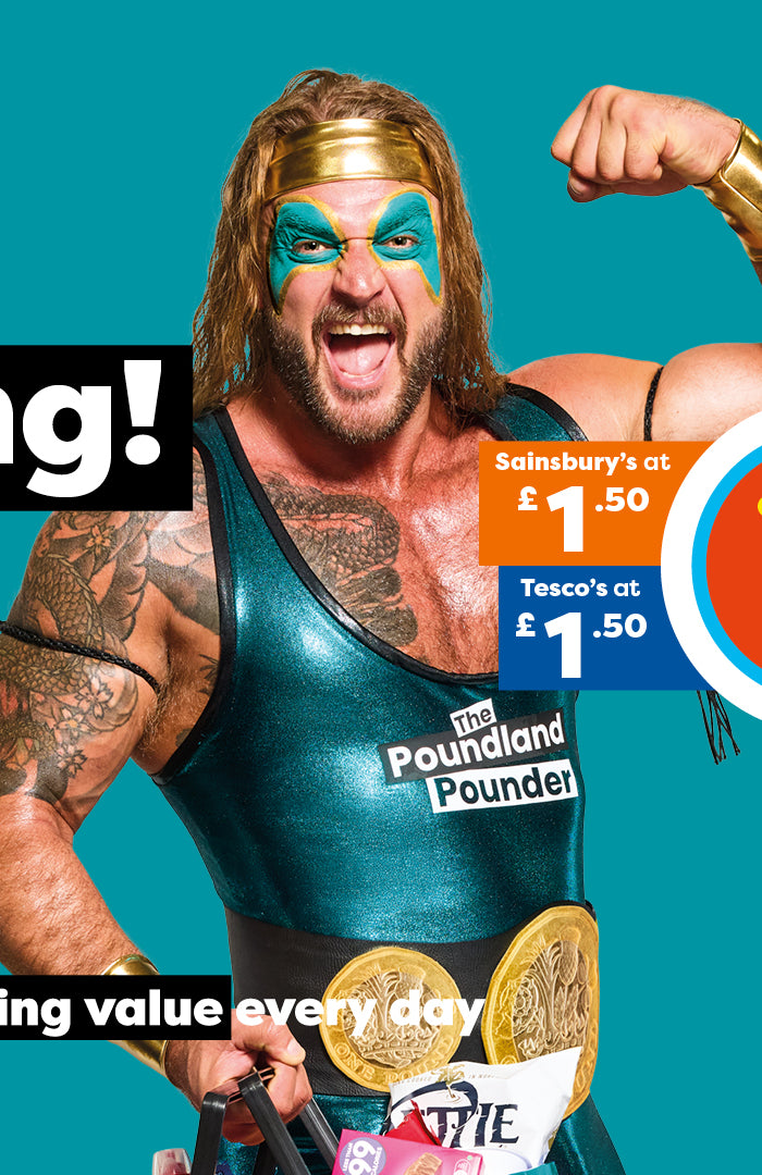 A promotional ad featuring a muscular man in a blue singlet flexing next to a large bottle of Lynx 225ml shower gel. The ad includes text reading 'I smell a price-pounding!' and a Poundland logo, with a circular badge showing the price as £1.