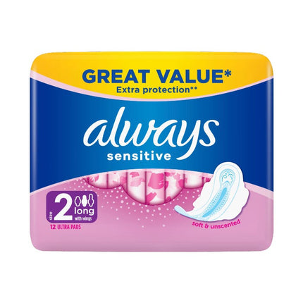 always sensitive long ultra size 2 sanitary pads with wings