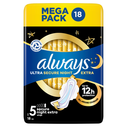 always ultra sanitary towels secure night extra s5 wings pack of 18