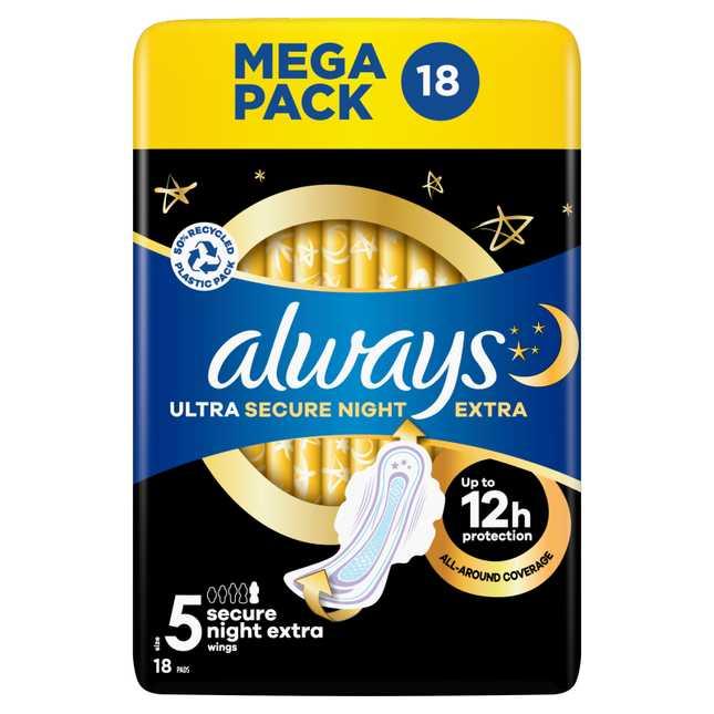 always ultra sanitary towels secure night extra s5 wings pack of 18