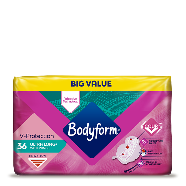 bodyform cour v ultra long sanitary towels wings 36 pack