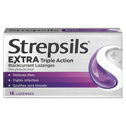 strepsils extra triple action blackcurrant lozenges pack of 16