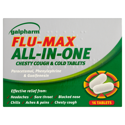 galpharm flu max all in one chesty cough cold tablets pack of 16