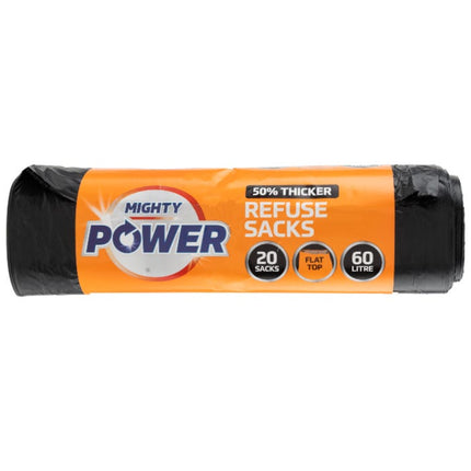 mighty power extra strong flat top refuse sacks 60l pack of 20