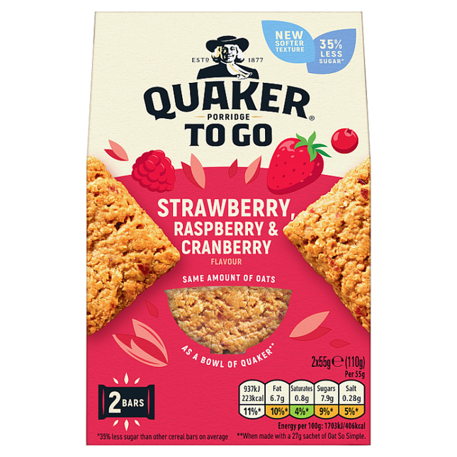 quaker porridge to go mixed berries breakfast bars 55g pack of 2
