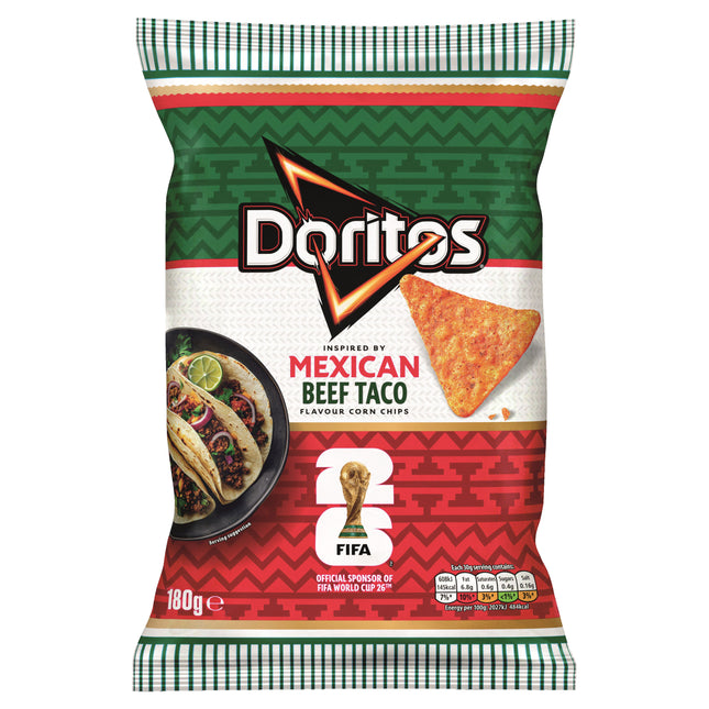 Doritos Mexican Beef Taco flavor corn chips packaging on a white background