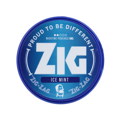 A round blue and white can of Zig-Zag Ice Mint nicotine pouches, featuring the brand name 'ZIG' in large white letters on a blue background.