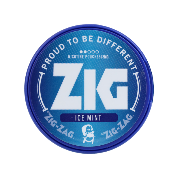 A round blue and white can of Zig-Zag Ice Mint nicotine pouches, featuring the brand name 'ZIG' in large white letters on a blue background.