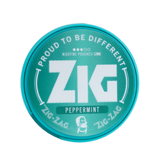 A round teal nicotine pouch can with a white printed logo and text reading 'PROUD TO BE DIFFERENT', 'ZIG', 'NICOTINE POUCHES 12MG', and 'PEPPERMINT'.