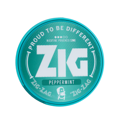 A round teal nicotine pouch can with a white printed logo and text reading 'PROUD TO BE DIFFERENT', 'ZIG', 'NICOTINE POUCHES 12MG', and 'PEPPERMINT'.