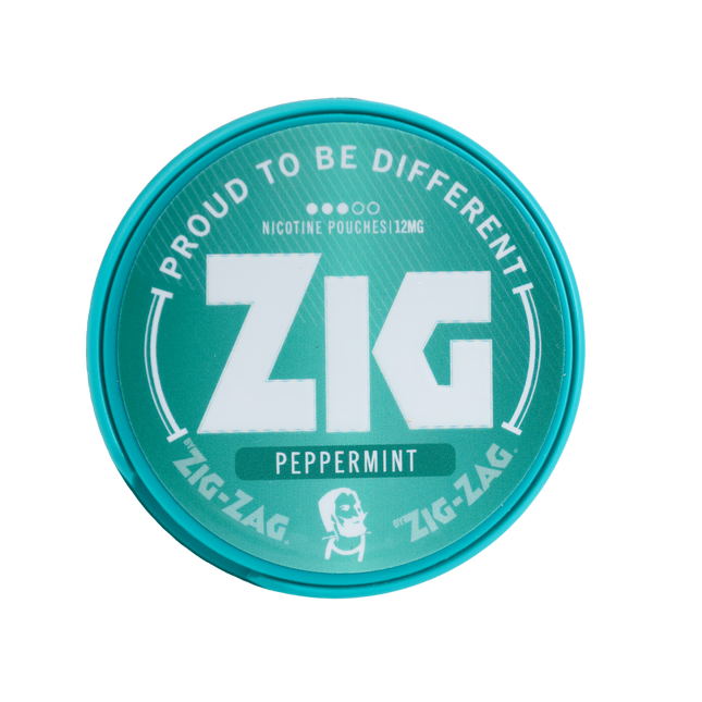 A round teal nicotine pouch can with a white printed logo and text reading 'PROUD TO BE DIFFERENT', 'ZIG', 'NICOTINE POUCHES 12MG', and 'PEPPERMINT'.