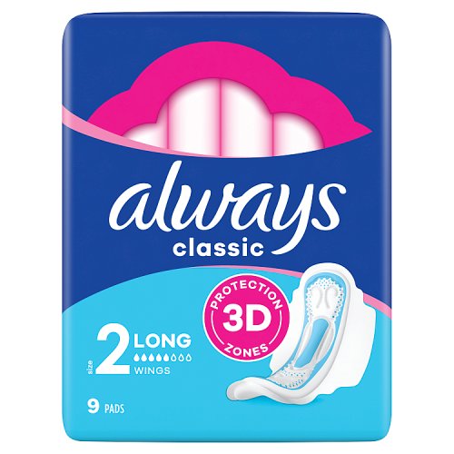 Always Classic Long Sanitary Towels (Size 2) Wings 9 Pads For Menstrual Periods