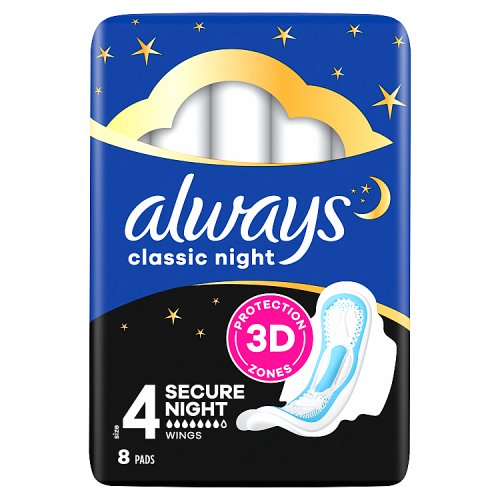 Always Classic Secure Night Sanitary Towels (Size 4) Wings 8 Pads, For Menstrual Periods