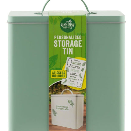 garden storage tin with stickers