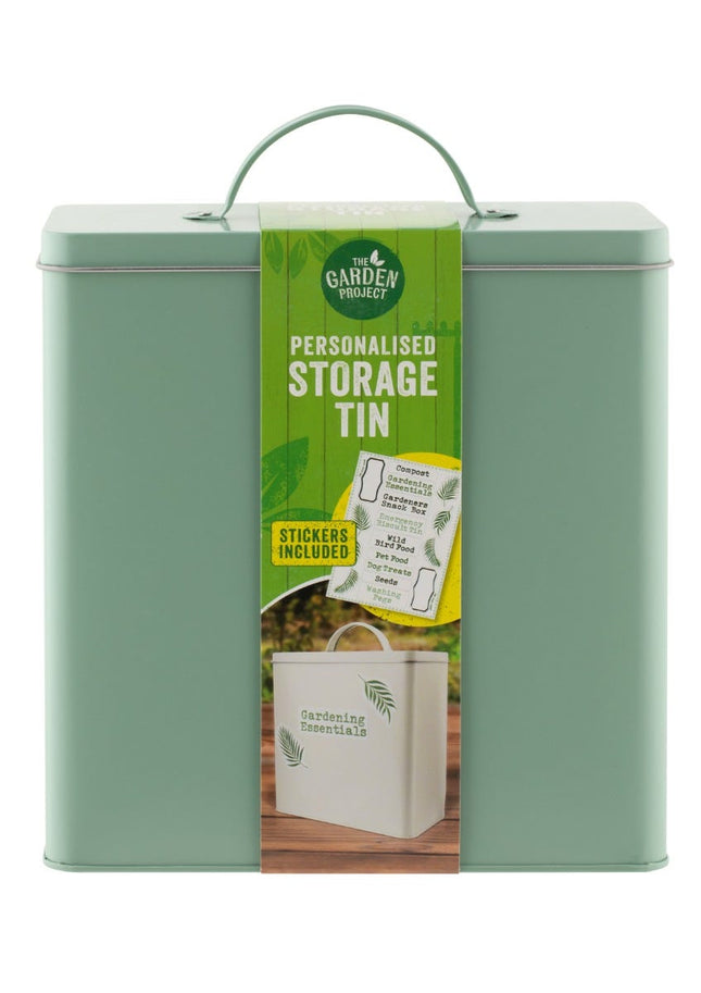 garden storage tin with stickers